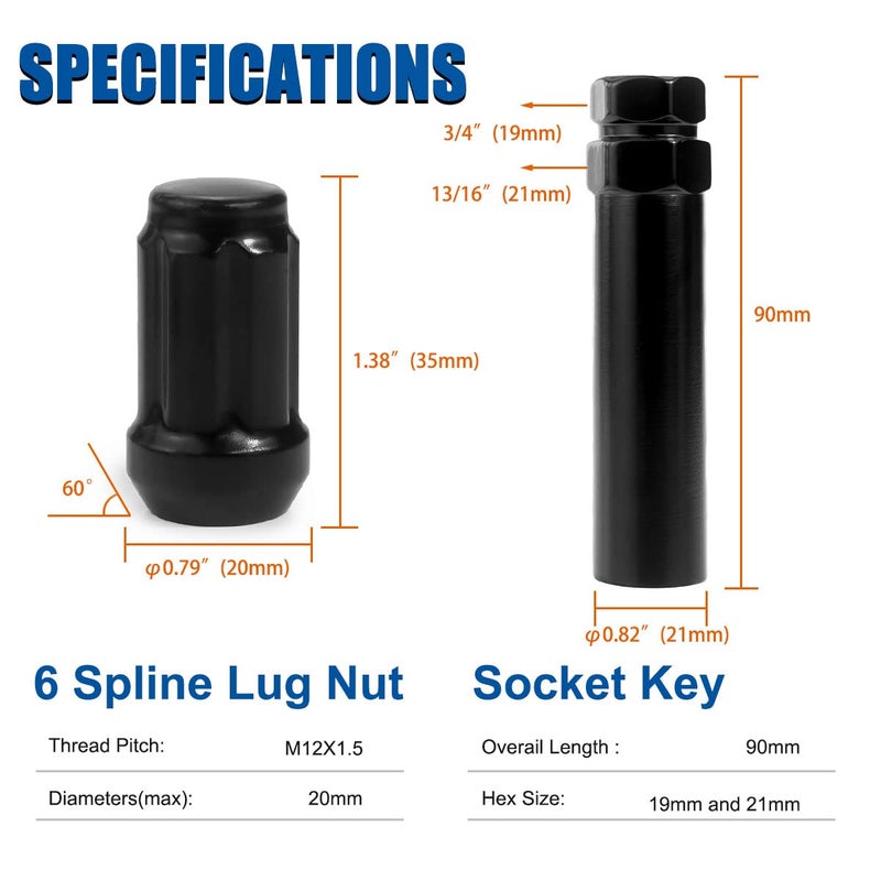 GAsupply 20pcs Black 12x1.5 Lug Nuts  GAsupply Closed End Acorn Spline Tuner Lug Nuts 1.38"" Tall Conical/Cone Seat for Aftermarket Wheels  Pack of 20+1 Socket Key - Image 2